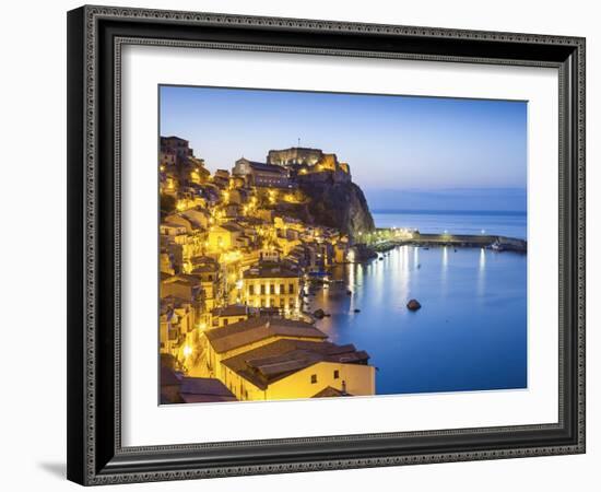 Town View at Dusk, With Castello Ruffo, Scilla, Calabria, Italy-Peter Adams-Framed Photographic Print