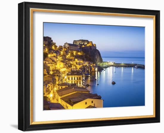 Town View at Dusk, With Castello Ruffo, Scilla, Calabria, Italy-Peter Adams-Framed Photographic Print