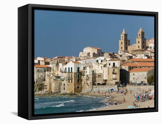 Town View with Duomo from Beach, Cefalu, Sicily, Italy-Walter Bibikow-Framed Premier Image Canvas