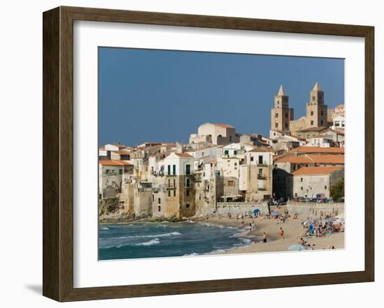 Town View with Duomo from Beach, Cefalu, Sicily, Italy-Walter Bibikow-Framed Photographic Print