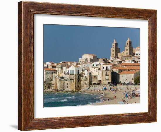 Town View with Duomo from Beach, Cefalu, Sicily, Italy-Walter Bibikow-Framed Photographic Print