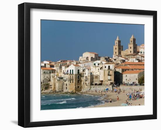 Town View with Duomo from Beach, Cefalu, Sicily, Italy-Walter Bibikow-Framed Photographic Print