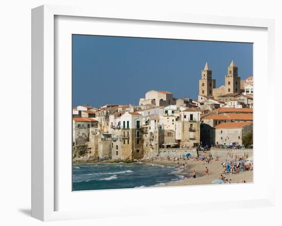 Town View with Duomo from Beach, Cefalu, Sicily, Italy-Walter Bibikow-Framed Photographic Print