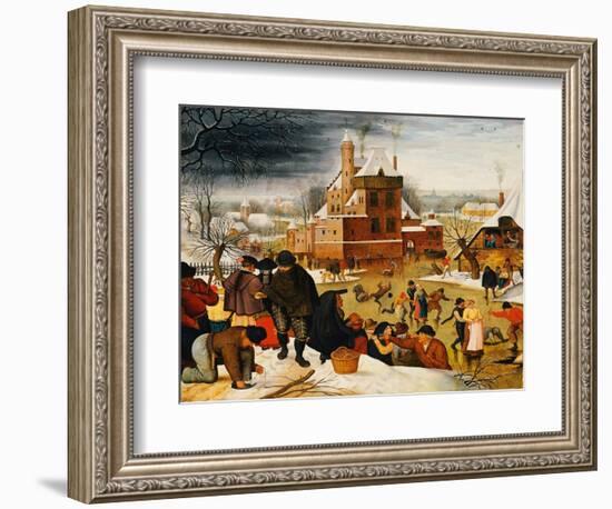 Townsfolk Skating on a Castle Moat (Oil on Panel)-Pieter the Younger Brueghel-Framed Giclee Print