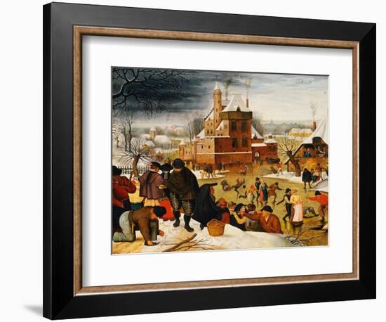 Townsfolk Skating on a Castle Moat (Oil on Panel)-Pieter the Younger Brueghel-Framed Giclee Print