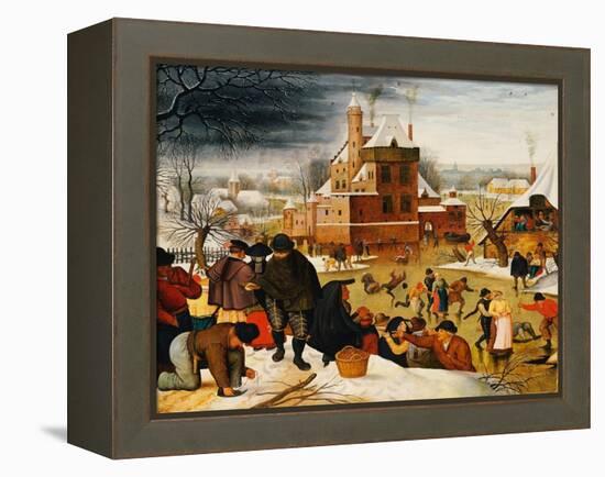 Townsfolk Skating on a Castle Moat (Oil on Panel)-Pieter the Younger Brueghel-Framed Premier Image Canvas