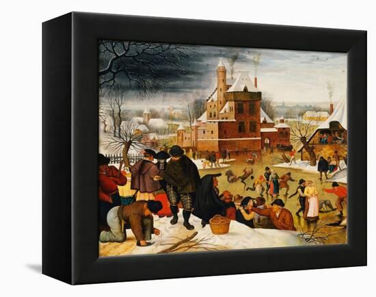 Townsfolk Skating on a Castle Moat (Oil on Panel)-Pieter the Younger Brueghel-Framed Premier Image Canvas