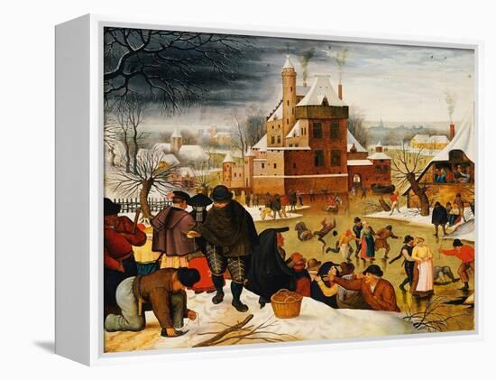 Townsfolk Skating on a Castle Moat (Oil on Panel)-Pieter the Younger Brueghel-Framed Premier Image Canvas