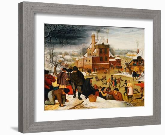 Townsfolk Skating on a Castle Moat (Oil on Panel)-Pieter the Younger Brueghel-Framed Giclee Print