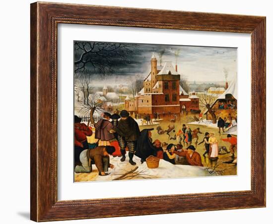 Townsfolk Skating on a Castle Moat (Oil on Panel)-Pieter the Younger Brueghel-Framed Giclee Print
