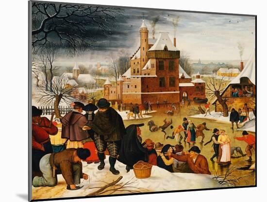 Townsfolk Skating on a Castle Moat (Oil on Panel)-Pieter the Younger Brueghel-Mounted Giclee Print