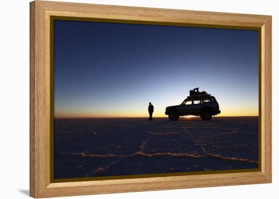 Toyota Land Cruiser Silhouetted Against Sunrise, Salar De Uyuni, Bolivia-James Brunker-Framed Premier Image Canvas