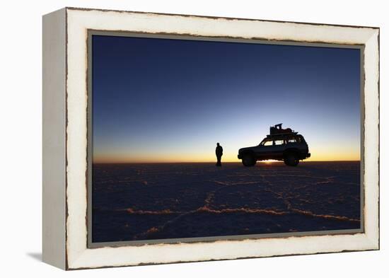 Toyota Land Cruiser Silhouetted Against Sunrise, Salar De Uyuni, Bolivia-James Brunker-Framed Premier Image Canvas