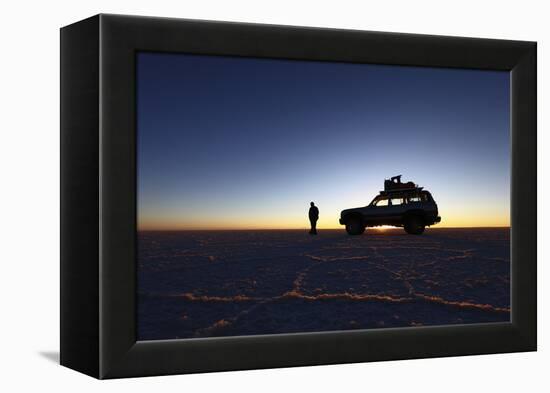 Toyota Land Cruiser Silhouetted Against Sunrise, Salar De Uyuni, Bolivia-James Brunker-Framed Premier Image Canvas