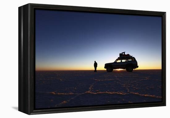 Toyota Land Cruiser Silhouetted Against Sunrise, Salar De Uyuni, Bolivia-James Brunker-Framed Premier Image Canvas