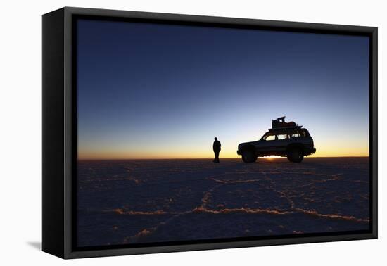 Toyota Land Cruiser Silhouetted Against Sunrise, Salar De Uyuni, Bolivia-James Brunker-Framed Premier Image Canvas