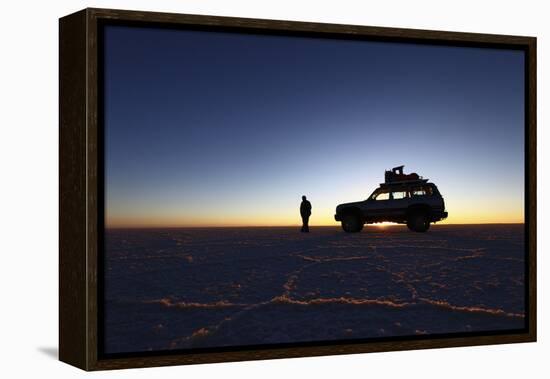 Toyota Land Cruiser Silhouetted Against Sunrise, Salar De Uyuni, Bolivia-James Brunker-Framed Premier Image Canvas