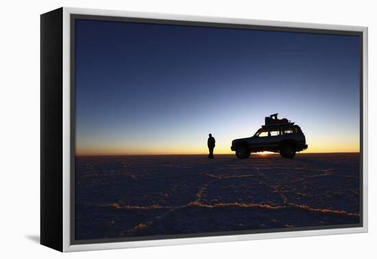 Toyota Land Cruiser Silhouetted Against Sunrise, Salar De Uyuni, Bolivia-James Brunker-Framed Premier Image Canvas