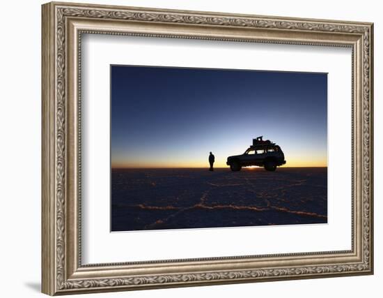 Toyota Land Cruiser Silhouetted Against Sunrise, Salar De Uyuni, Bolivia-James Brunker-Framed Photographic Print