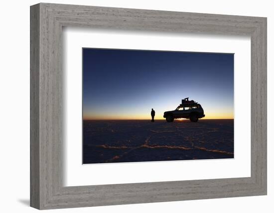 Toyota Land Cruiser Silhouetted Against Sunrise, Salar De Uyuni, Bolivia-James Brunker-Framed Photographic Print