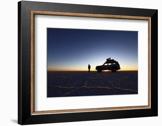 Toyota Land Cruiser Silhouetted Against Sunrise, Salar De Uyuni, Bolivia-James Brunker-Framed Photographic Print