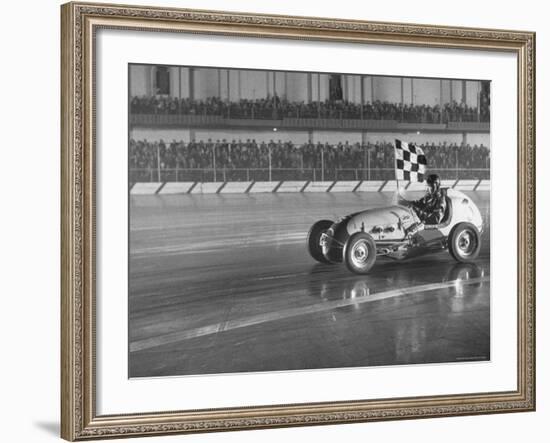 Track Record Holder Ted Tappett Circling Track With Checkered Flag After Winning-Ralph Morse-Framed Premium Photographic Print