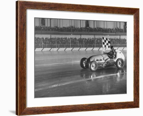 Track Record Holder Ted Tappett Circling Track With Checkered Flag After Winning-Ralph Morse-Framed Premium Photographic Print