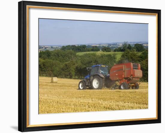 Tractor Collecting Hay Bales at Harvest Time, the Coltswolds, England-David Hughes-Framed Photographic Print