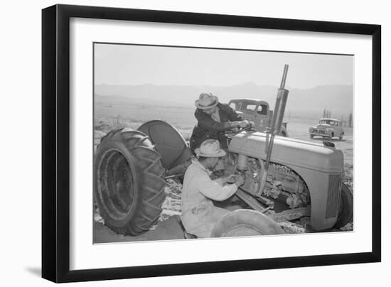 Tractor Repair: Driver Benji Iguchi, Mechanic Henry Hanawa, Manzanar Relocation Center, California-Ansel Adams-Framed Art Print