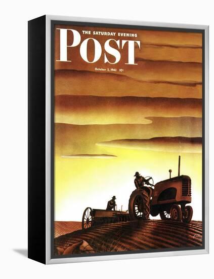 "Tractors at Sunset," Saturday Evening Post Cover, October 3, 1942-Arthur C. Radebaugh-Framed Premier Image Canvas