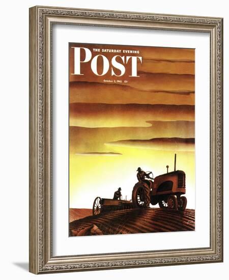 "Tractors at Sunset," Saturday Evening Post Cover, October 3, 1942-Arthur C. Radebaugh-Framed Giclee Print