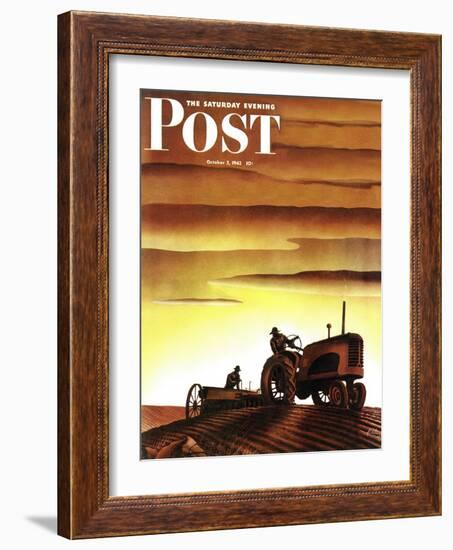 "Tractors at Sunset," Saturday Evening Post Cover, October 3, 1942-Arthur C. Radebaugh-Framed Giclee Print