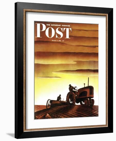 "Tractors at Sunset," Saturday Evening Post Cover, October 3, 1942-Arthur C. Radebaugh-Framed Giclee Print