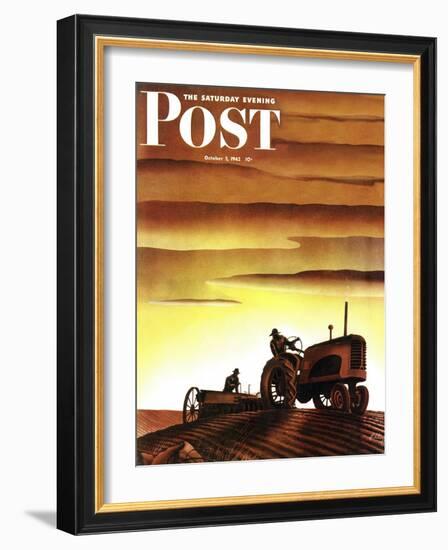 "Tractors at Sunset," Saturday Evening Post Cover, October 3, 1942-Arthur C. Radebaugh-Framed Giclee Print