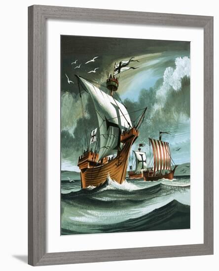 Trading Ships with Teutonic Knights Aboard Closing in on a Pirate Vessal-Dan Escott-Framed Giclee Print