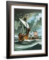 Trading Ships with Teutonic Knights Aboard Closing in on a Pirate Vessal-Dan Escott-Framed Giclee Print