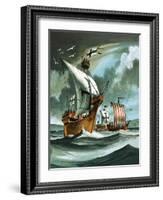 Trading Ships with Teutonic Knights Aboard Closing in on a Pirate Vessal-Dan Escott-Framed Giclee Print