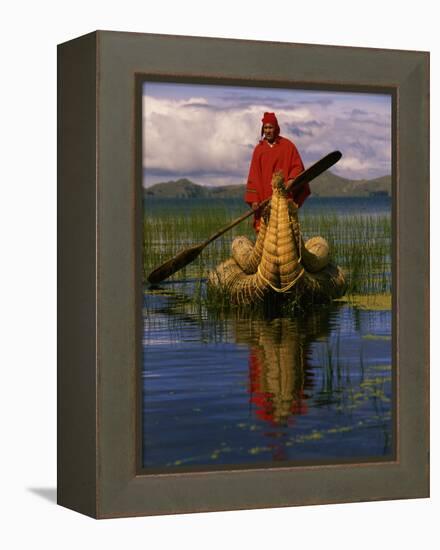 Traditiona Totora Reed Boat & Aymara, Lake Titicaca, Bolivia / Peru, South America-Pete Oxford-Framed Premier Image Canvas