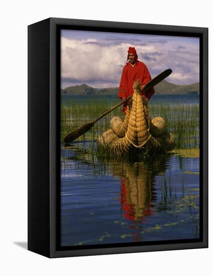 Traditiona Totora Reed Boat & Aymara, Lake Titicaca, Bolivia / Peru, South America-Pete Oxford-Framed Premier Image Canvas
