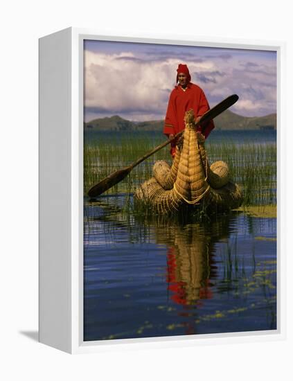 Traditiona Totora Reed Boat & Aymara, Lake Titicaca, Bolivia / Peru, South America-Pete Oxford-Framed Premier Image Canvas