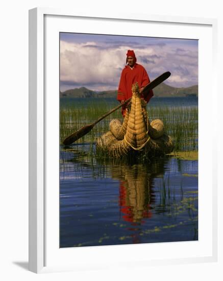 Traditiona Totora Reed Boat & Aymara, Lake Titicaca, Bolivia / Peru, South America-Pete Oxford-Framed Photographic Print