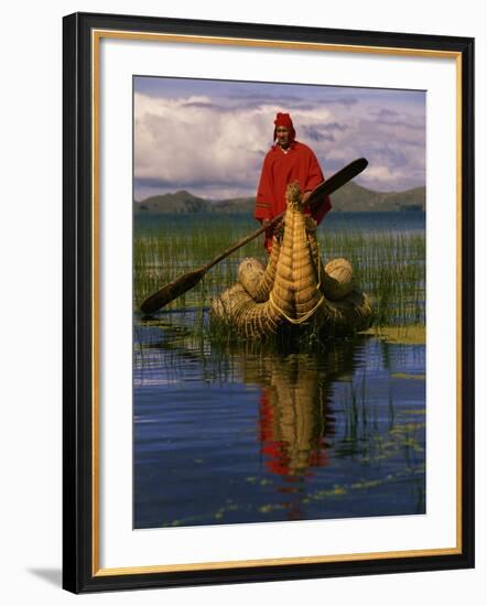 Traditiona Totora Reed Boat & Aymara, Lake Titicaca, Bolivia / Peru, South America-Pete Oxford-Framed Photographic Print