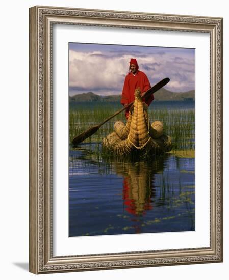 Traditiona Totora Reed Boat & Aymara, Lake Titicaca, Bolivia / Peru, South America-Pete Oxford-Framed Photographic Print