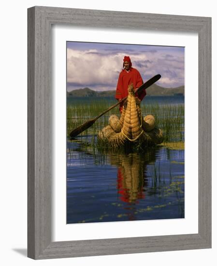 Traditiona Totora Reed Boat & Aymara, Lake Titicaca, Bolivia / Peru, South America-Pete Oxford-Framed Photographic Print