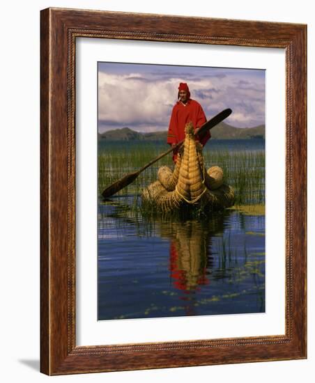 Traditiona Totora Reed Boat & Aymara, Lake Titicaca, Bolivia / Peru, South America-Pete Oxford-Framed Photographic Print