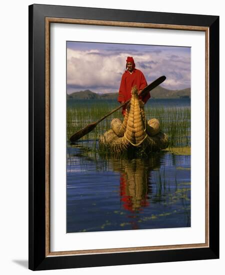Traditiona Totora Reed Boat & Aymara, Lake Titicaca, Bolivia / Peru, South America-Pete Oxford-Framed Photographic Print