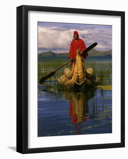 Traditiona Totora Reed Boat & Aymara, Lake Titicaca, Bolivia / Peru, South America-Pete Oxford-Framed Photographic Print