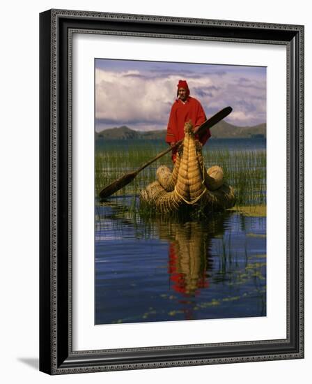 Traditiona Totora Reed Boat & Aymara, Lake Titicaca, Bolivia / Peru, South America-Pete Oxford-Framed Photographic Print