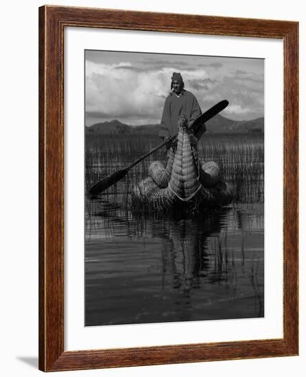 Traditiona Totora Reed Boat & Aymara, Lake Titicaca, Bolivia / Peru, South America-Pete Oxford-Framed Photographic Print