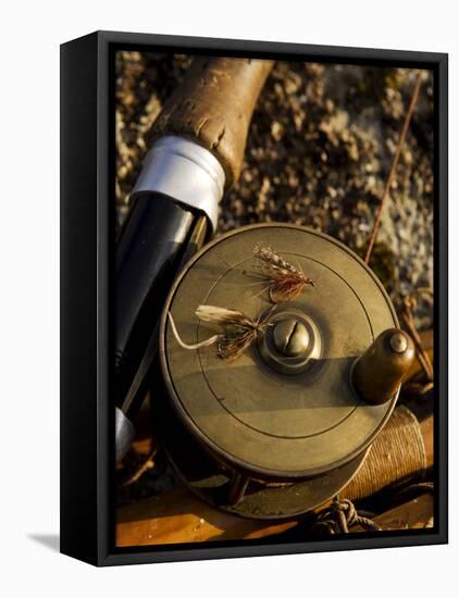 Traditional Brass Fishing Reel Fitted to a Split-Cane Fly Rod with Trout Fishing Flies, UK-John Warburton-lee-Framed Premier Image Canvas